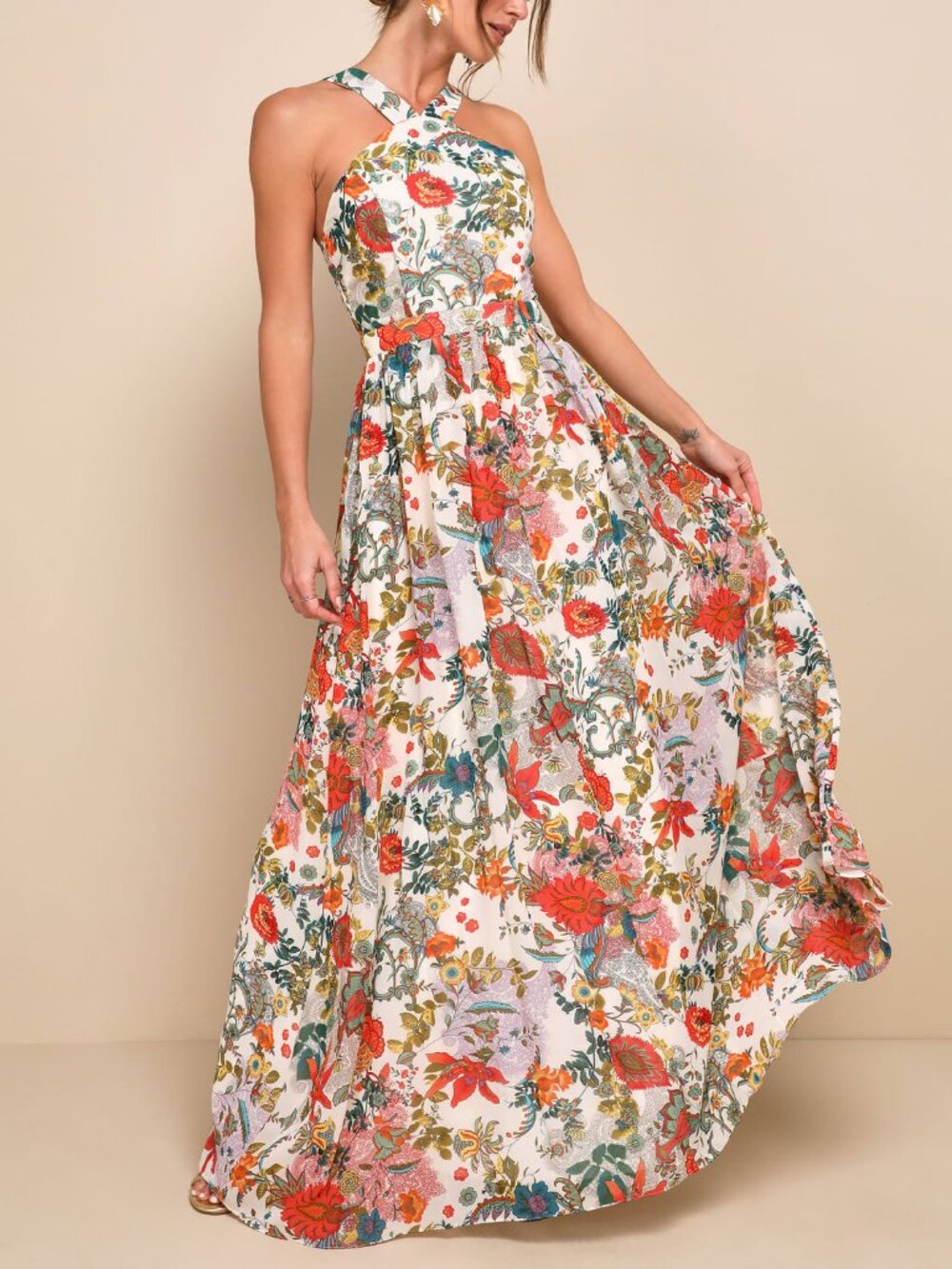 Lulus Lilja Cream Floral Print Maxi Dress XL